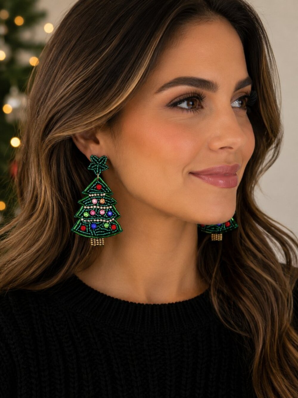 Sparkling Beaded Christmas Tree Statement Earrings | Festive Holiday Rhinestone